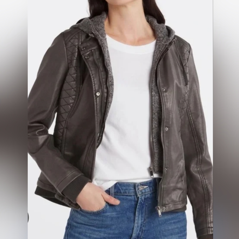 Moka Faux Leather Moto Jacket With Hood, Small. NWOT.